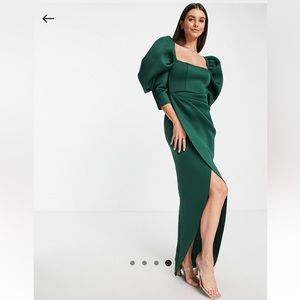 ASOS DESIGN Tall puff sleeve wrap maxi dress in forest green size 6